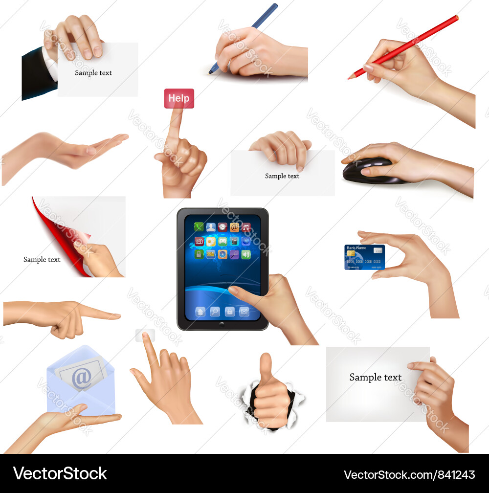 Set of hands holding different business objects Vector Image