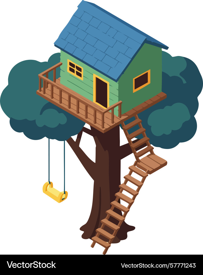 Treehouse nestled in lush green tree with swing Vector Image