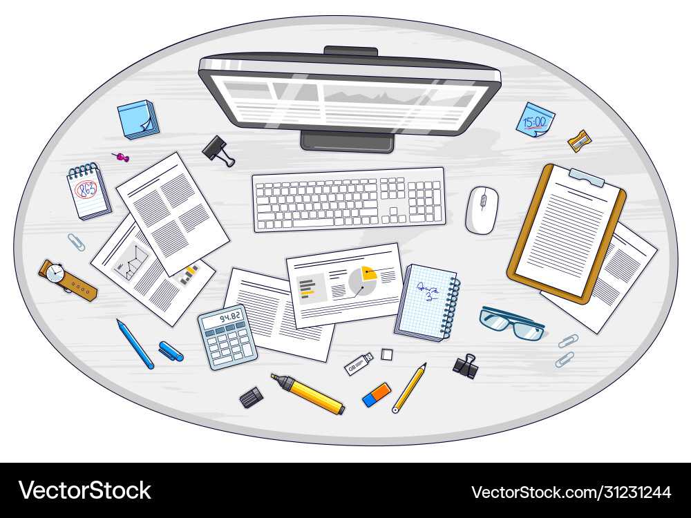 Office desk workspace top view with pc computer Office desk workspace top view with pc computer Vector Image