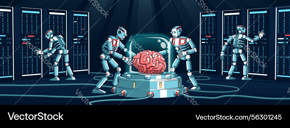 Robots collaborating on advanced data processing Robots collaborating on advanced data processing vector image