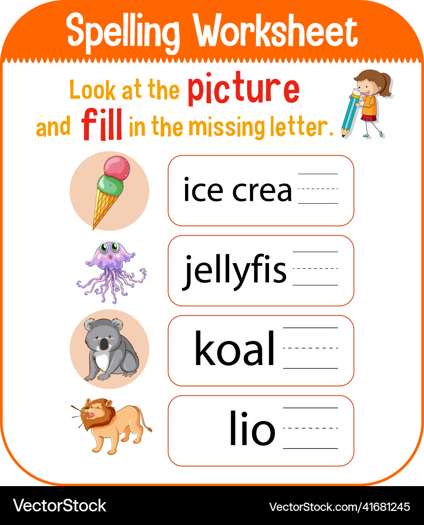 Spelling worksheet template for kids Spelling worksheet template for kids vector image