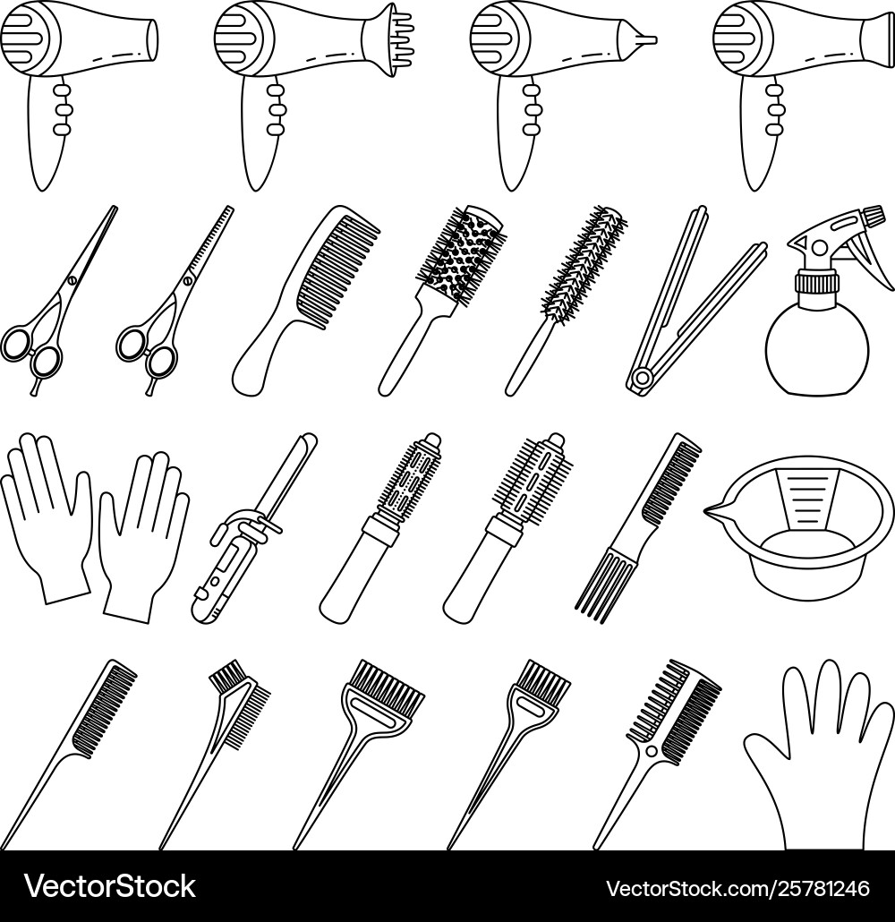 23 line art black and white hairdresser tools 23 line art black and white hairdresser tools Vector Image