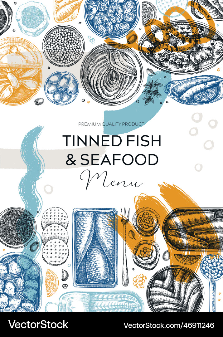 Collage-style tinned fish card or flyer trendy Collage-style tinned fish card or flyer trendy vector image