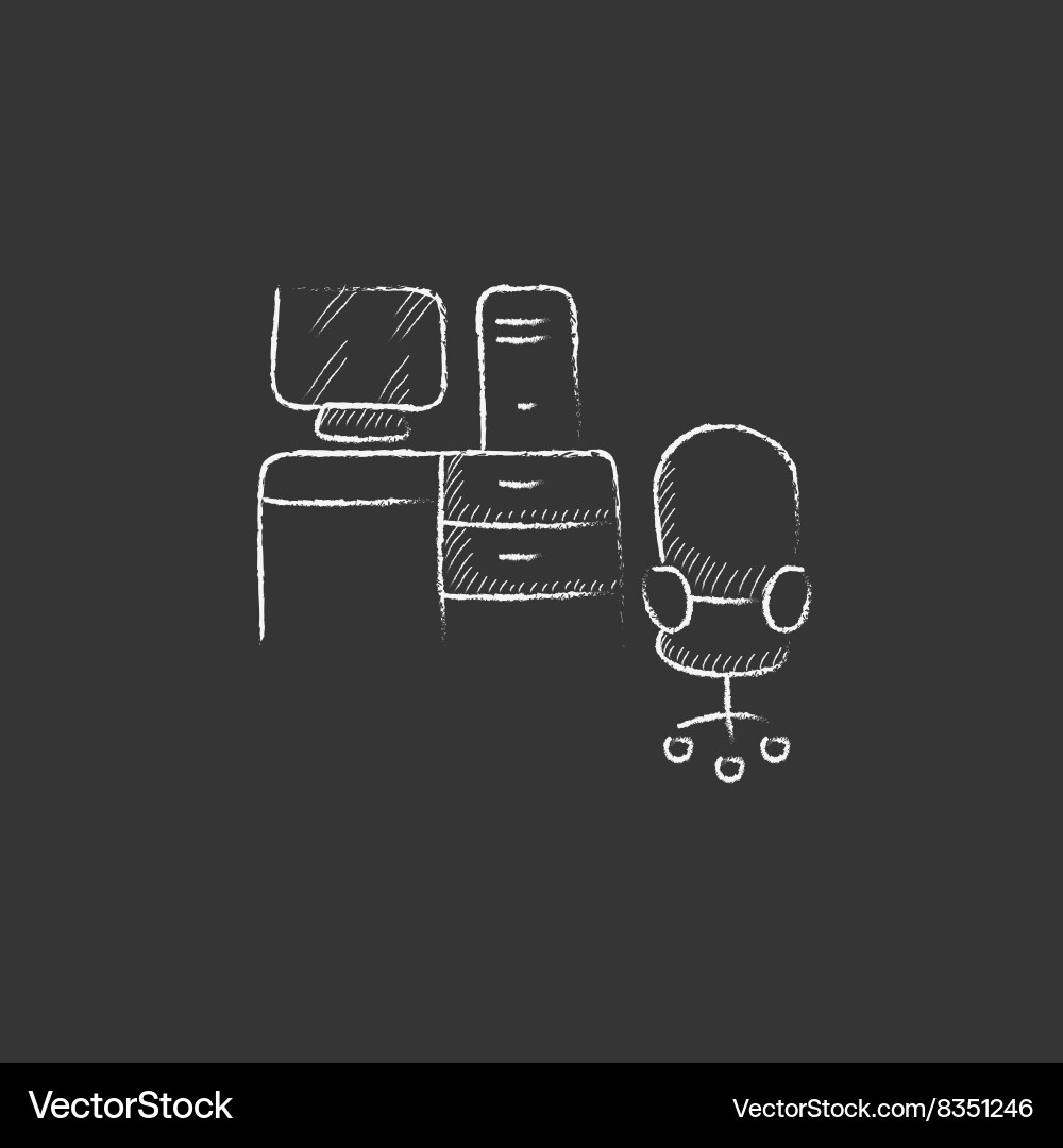Computer set with table and chair drawn in chalk Vector Image