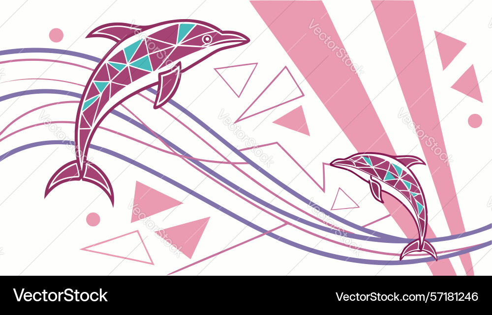 Dynamic dolphins leaping in abstract waves vector image