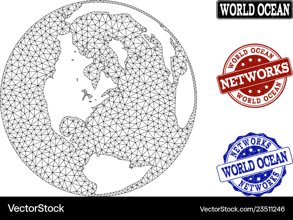 Polygonal network mesh map of global ocean Vector Image