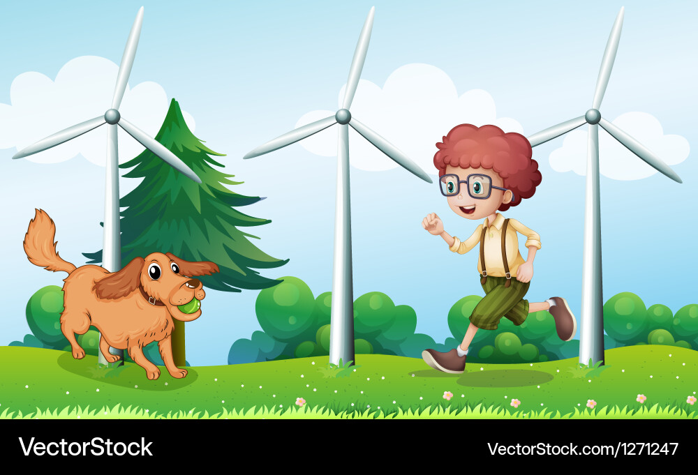 A boy playing with his dog near the windmill Vector Image