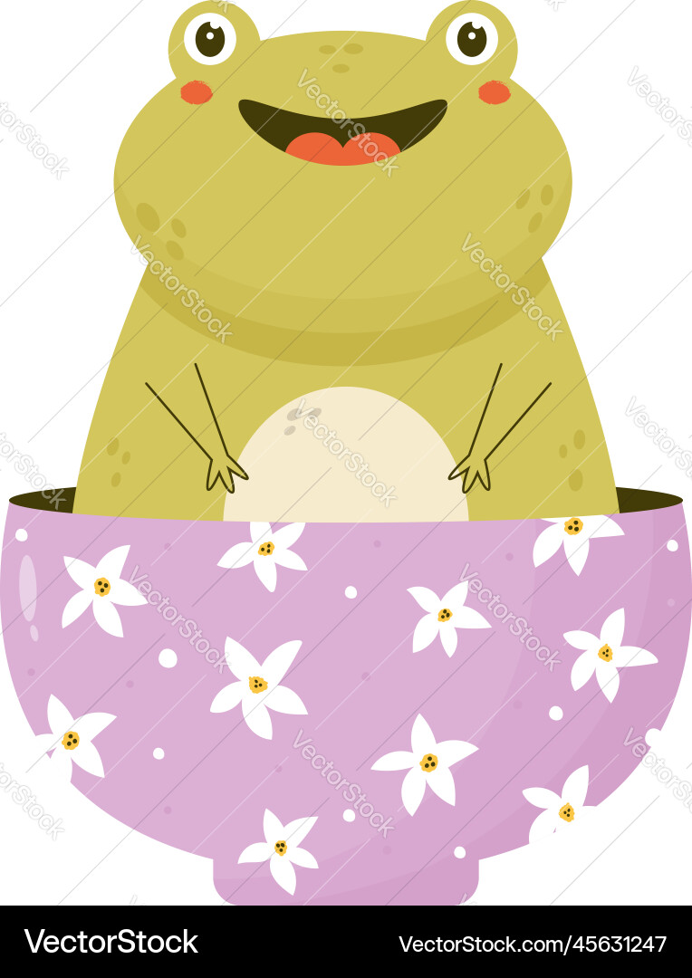 Cute happy frog sitting inside a bowl Cute happy frog sitting inside a bowl vector image