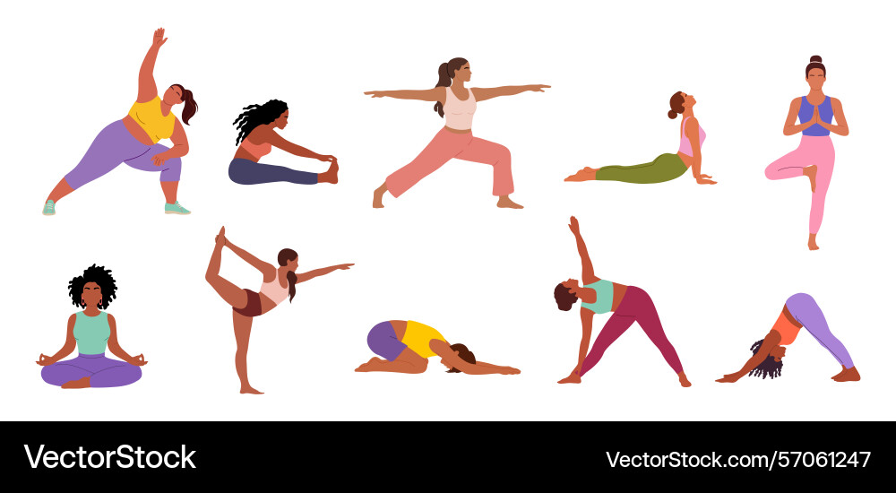 Diverse women in sportswear performing yoga poses Vector Image