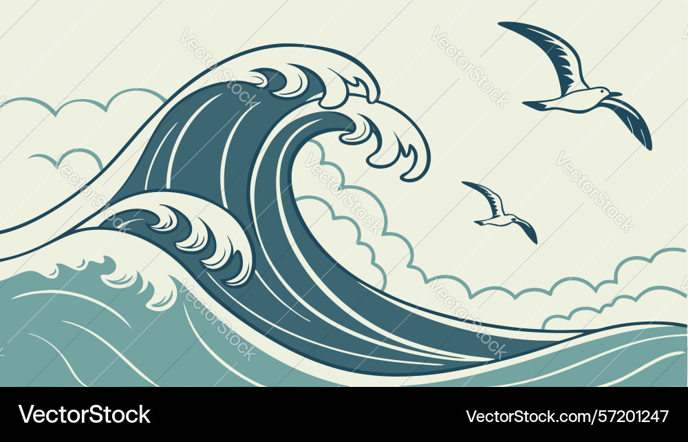 Dynamic ocean waves with soaring seagull design vector image