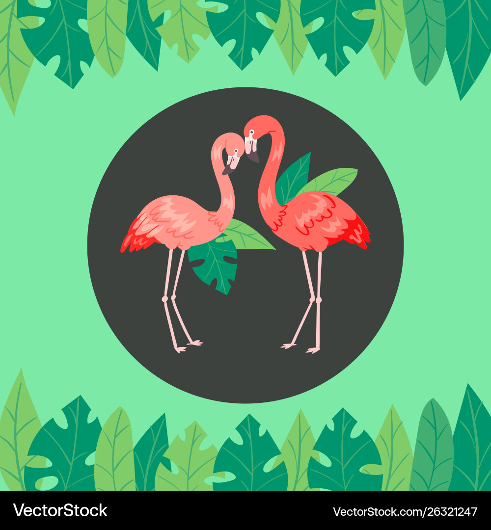 Flamingo couple with bright green jungle palm Flamingo couple with bright green jungle palm vector image