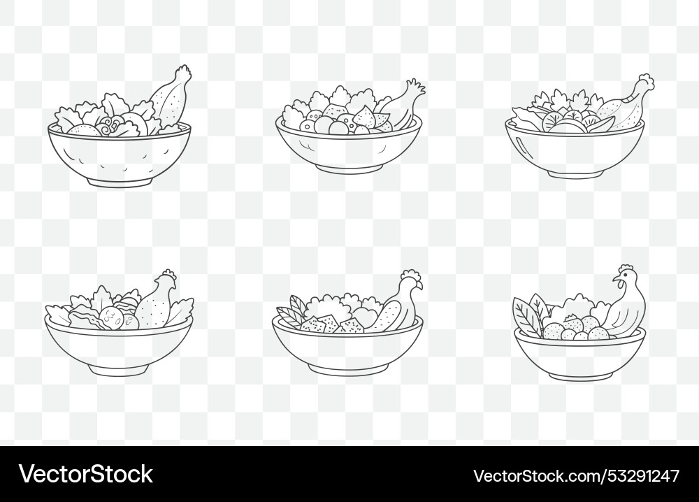 Print chicken caesar salad line art set Vector Image