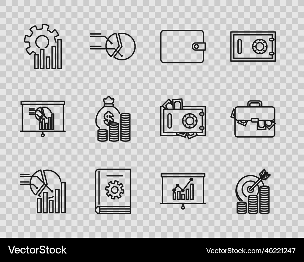 Set line pie chart infographic target with coin Set line pie chart infographic target with coin vector image