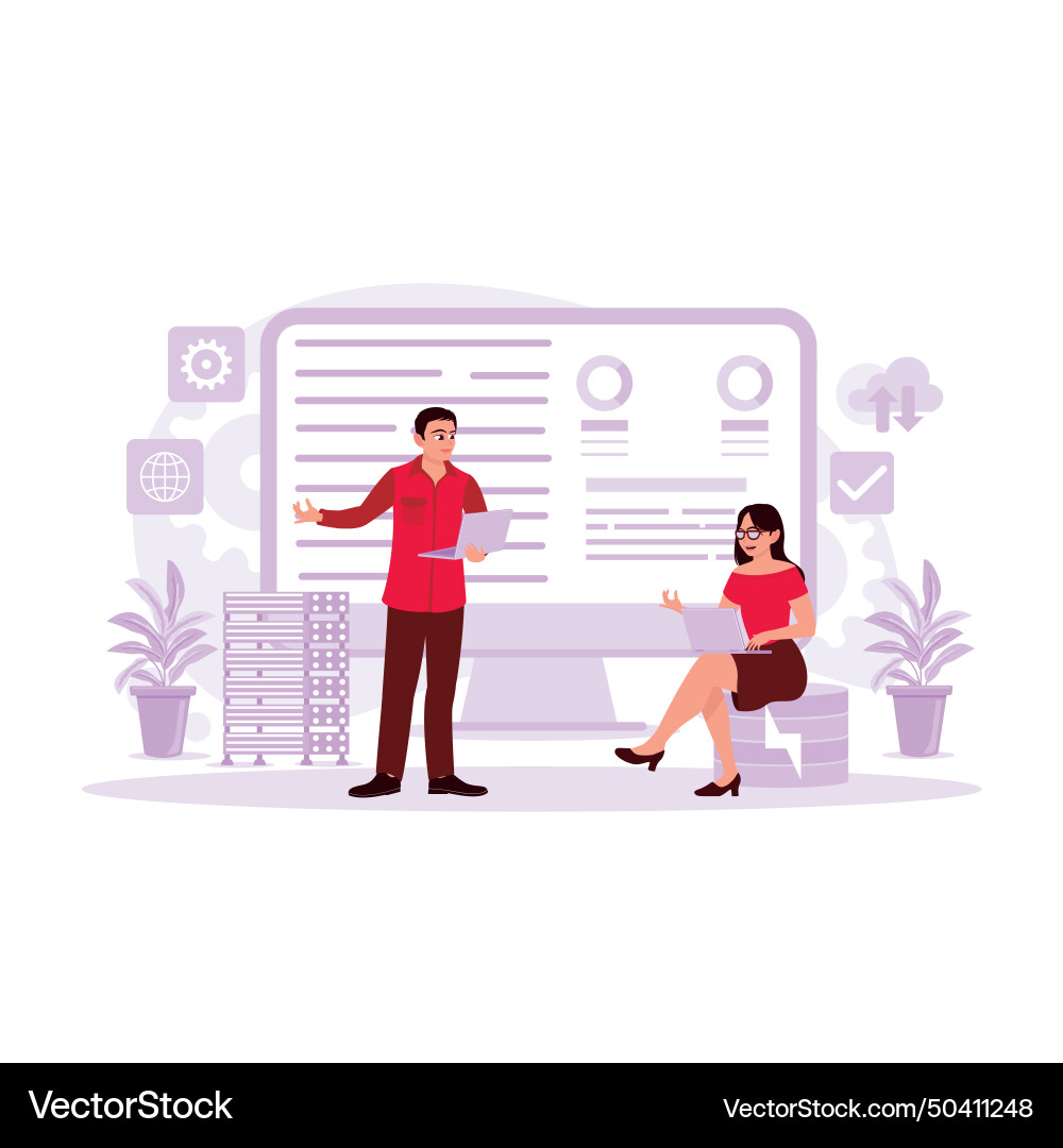 Engineer and project manager working with laptop Vector Image