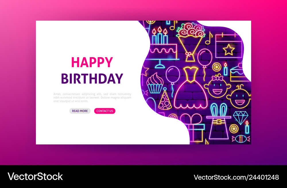 Happy birthday neon landing page Happy birthday neon landing page vector image