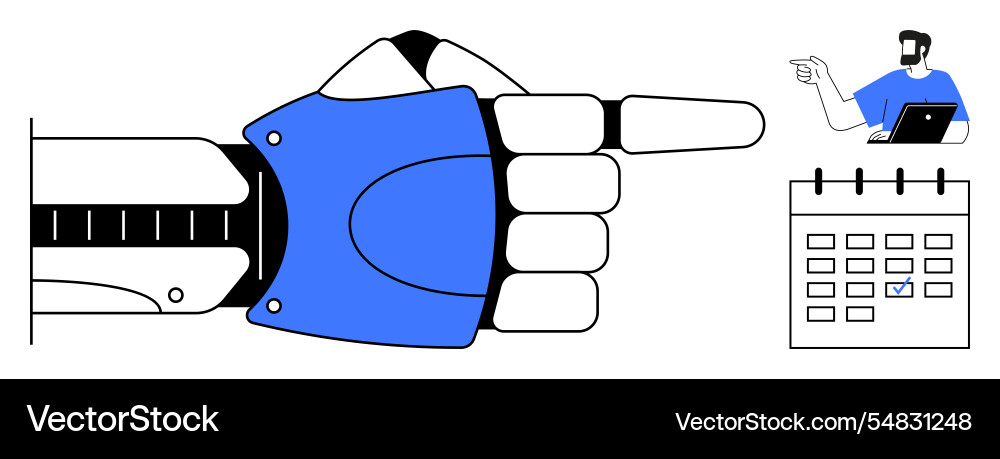Robotic hand and man interacting with computer Robotic hand and man interacting with computer vector image
