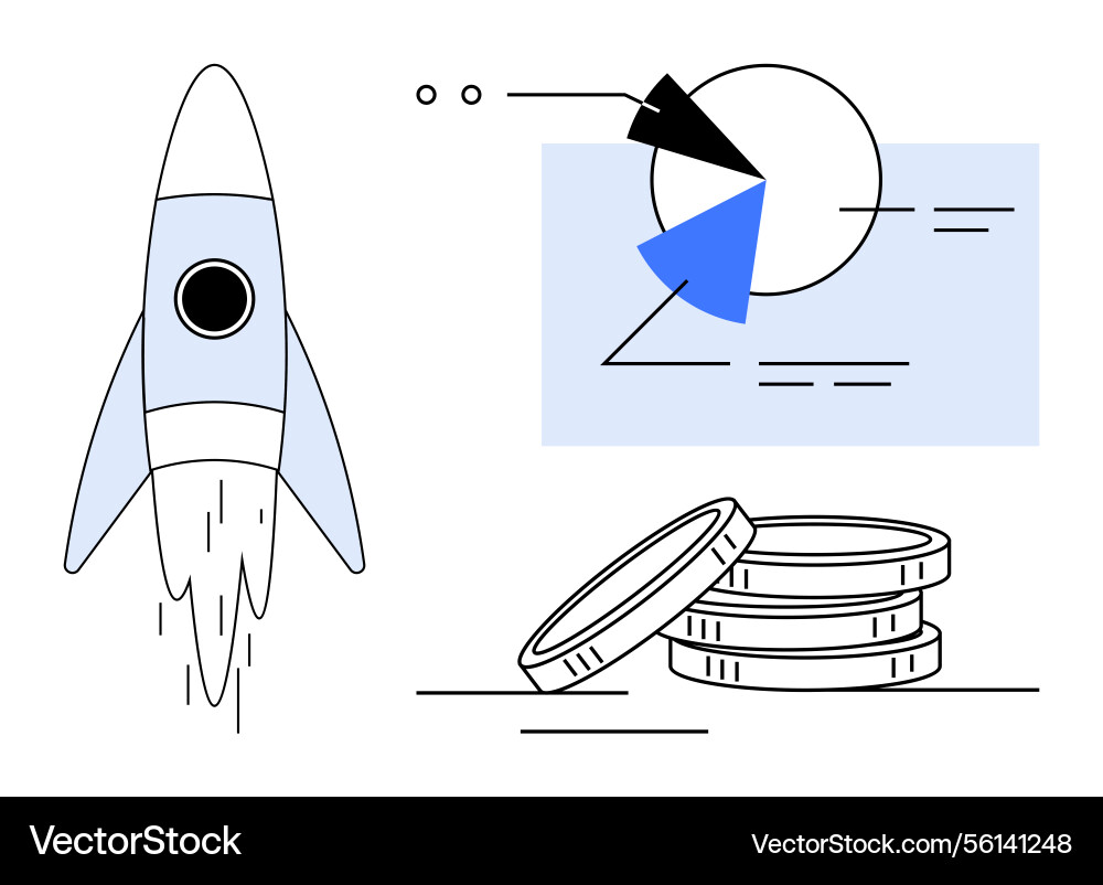 Rocket launch with pie chart and coins symbolizing Vector Image