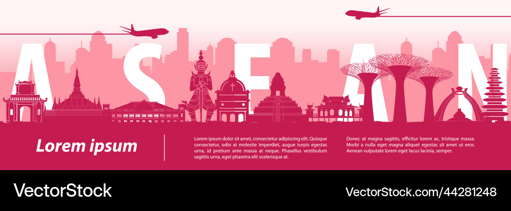 Silhouette design of asean landmarks with text Vector Image