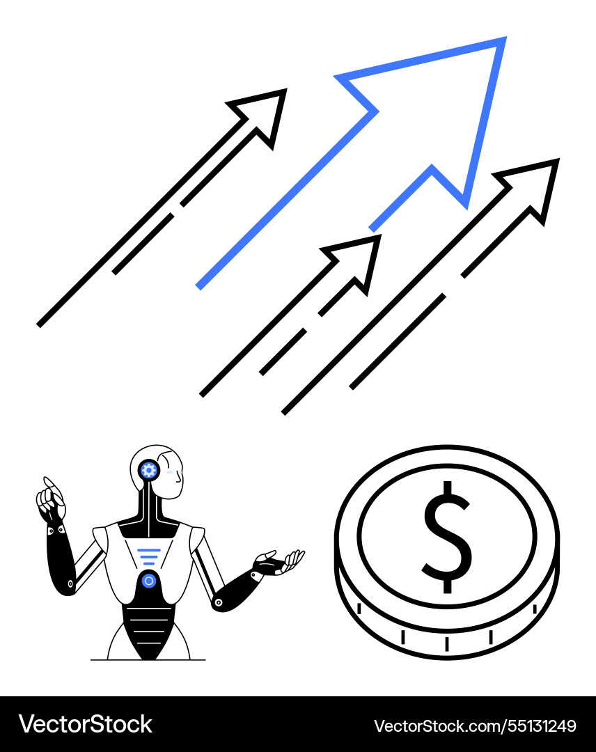 Ai-driven growth concept with robot rising arrows Ai-driven growth concept with robot rising arrows vector image
