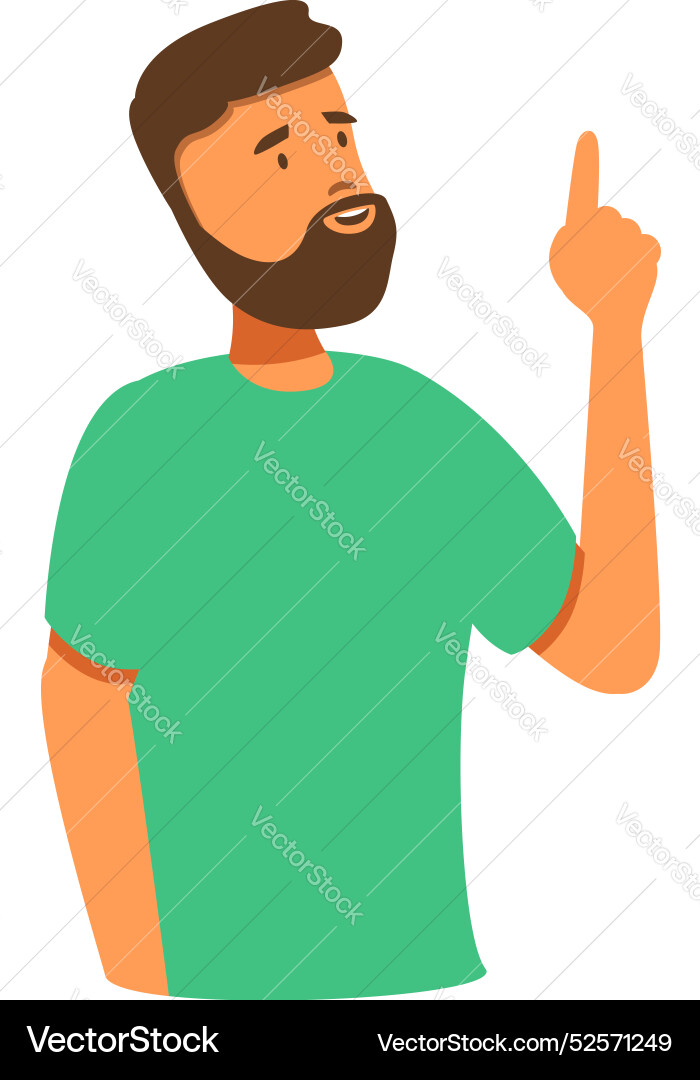 Bearded man pointing up with index finger having Bearded man pointing up with index finger having vector image