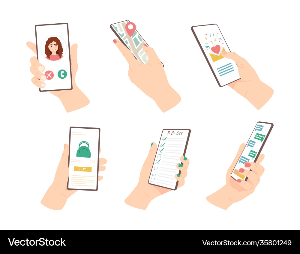 Cartoon menschliche Hände halten Smartphone-Symbole Set Cartoon menschliche Hände halten Smartphone-Symbole Set vektorbild