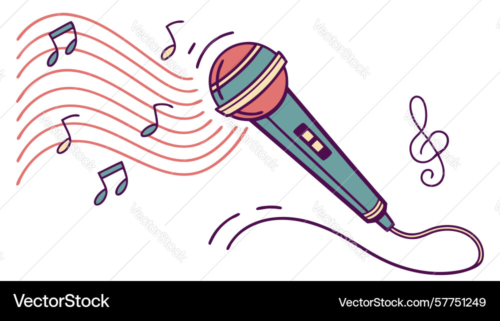 Dynamic microphone with musical notes and flowing Vector Image