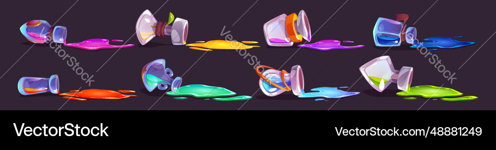 Glass bottles with magic elixir spills set Glass bottles with magic elixir spills set vector image