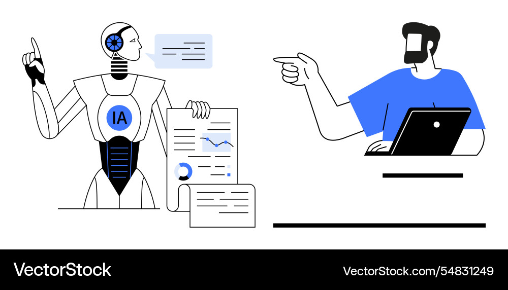 Interaction between ai robot and human with laptop Interaction between ai robot and human with laptop vector image