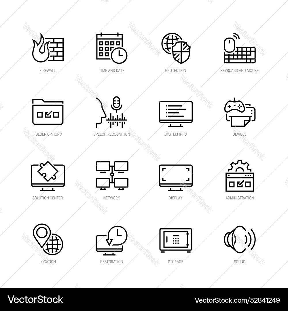 Operating system tools icon set in thin line style Operating system tools icon set in thin line style vector image