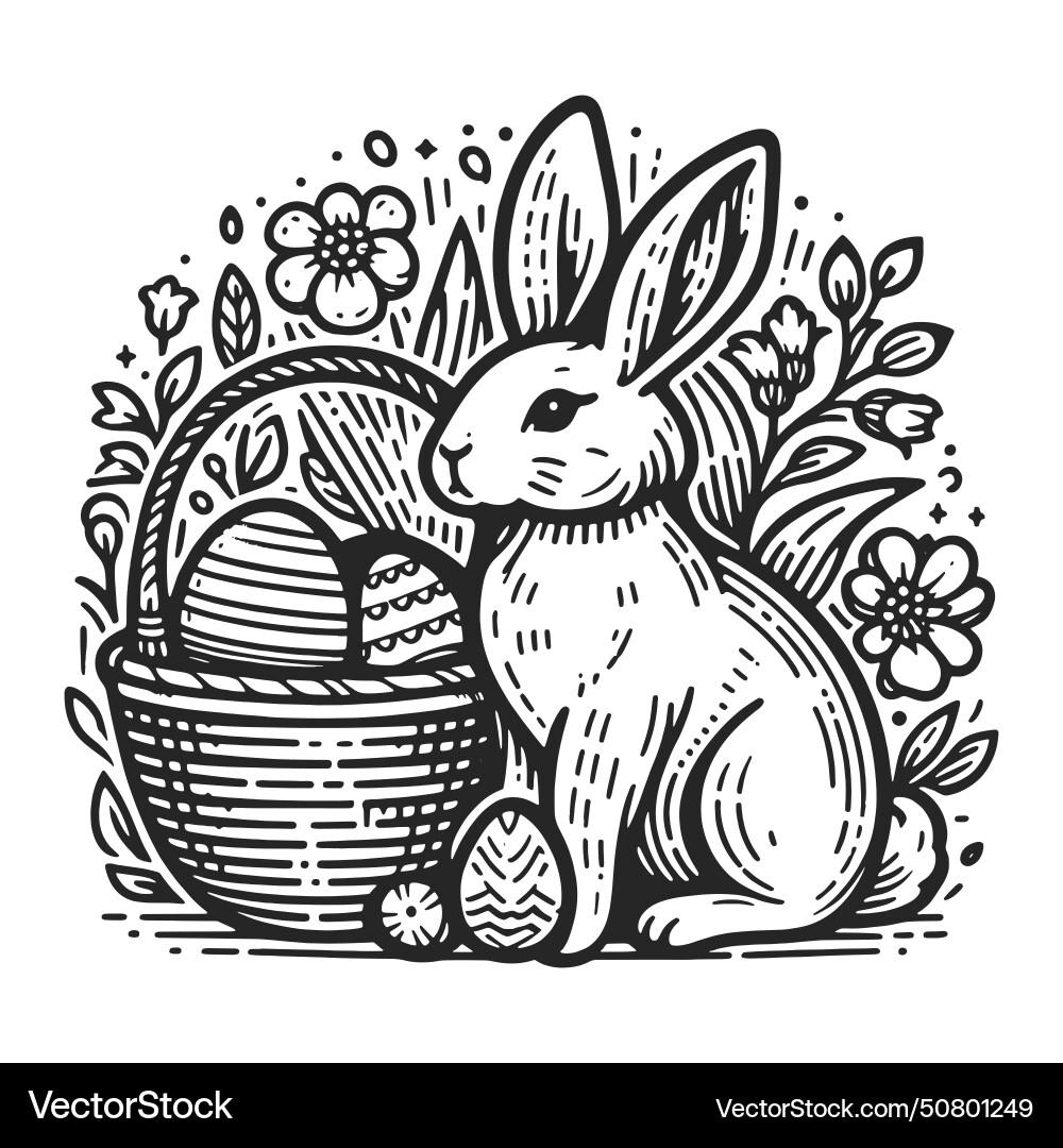 Osterhase mit Korb und Eier Skizze Osterhase mit Korb und Eier Skizze vektorbild