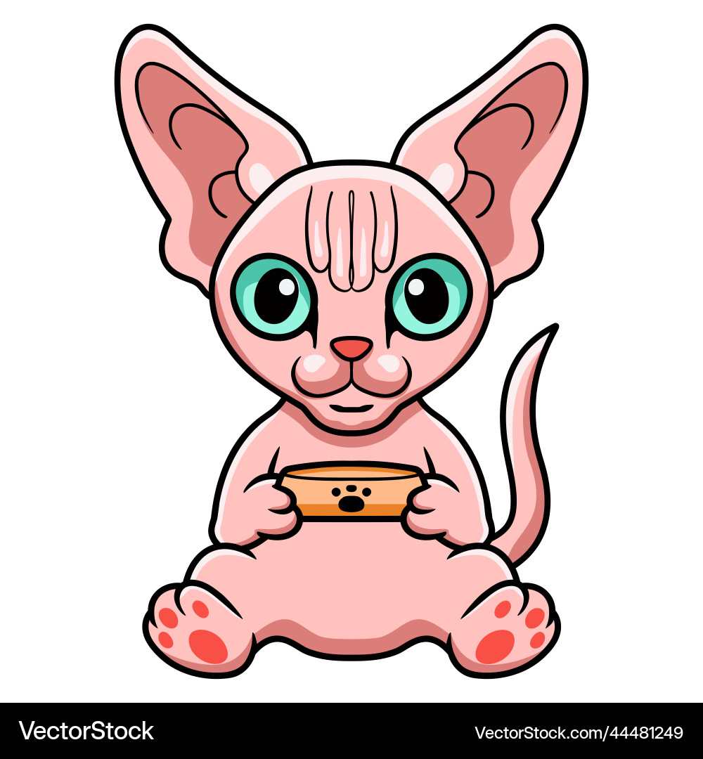 Süße Sphynx Katze Cartoon mit Nahrungsschale Süße Sphynx Katze Cartoon mit Nahrungsschale vektorbild
