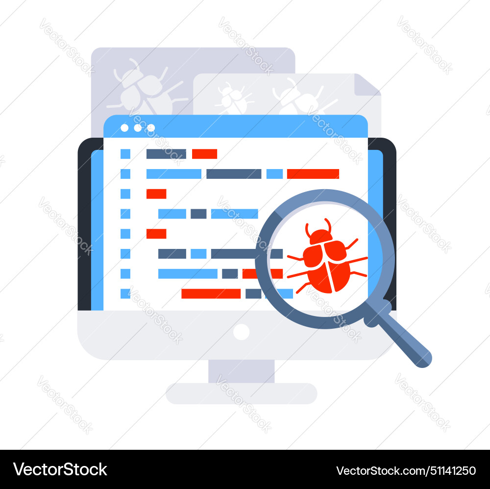 Computer bug detection error notification Computer bug detection error notification vector image