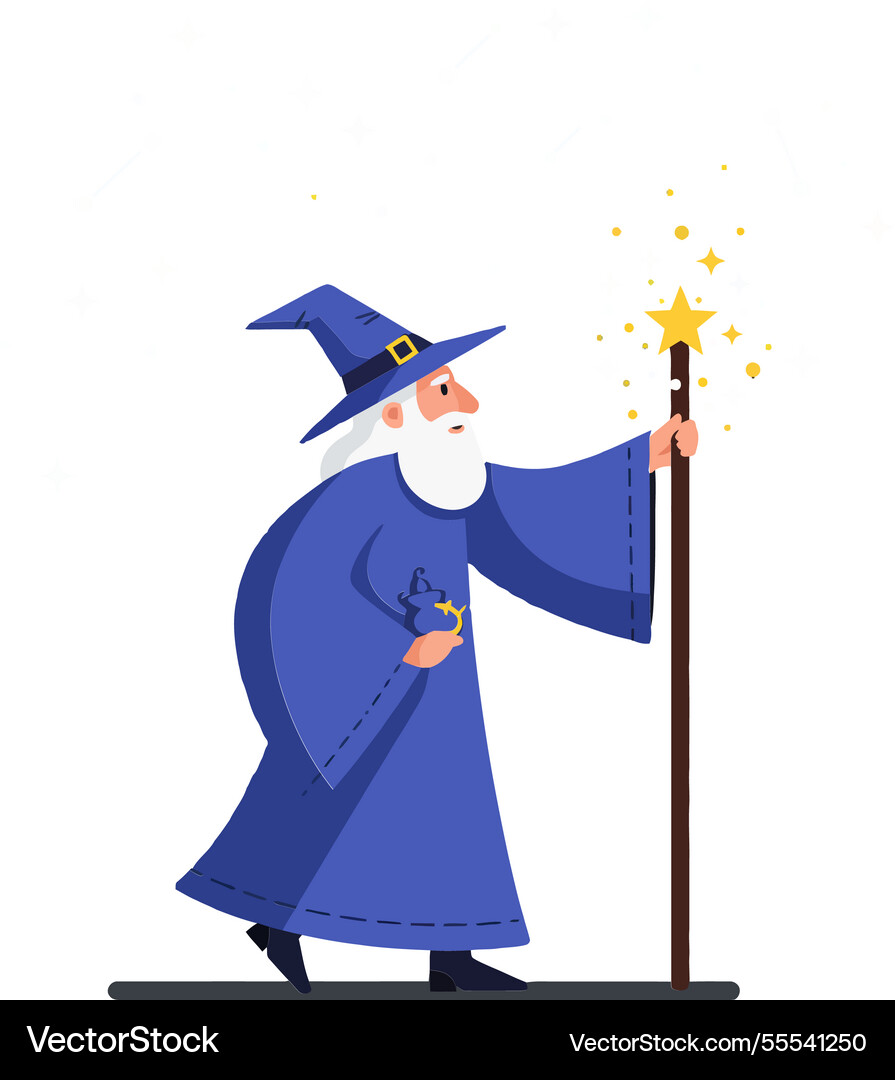 Wizard character casting a spell in flat art style Wizard character casting a spell in flat art style Vector Image