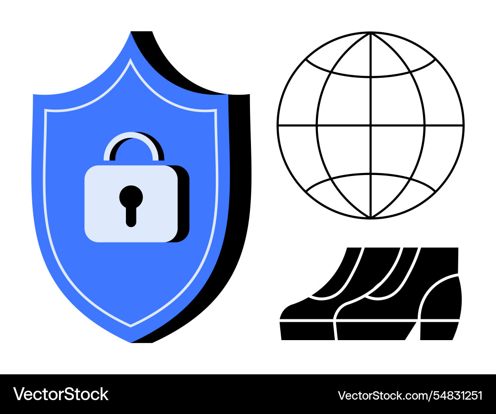Blue shield with lock globe grid and server Blue shield with lock globe grid and server vector image