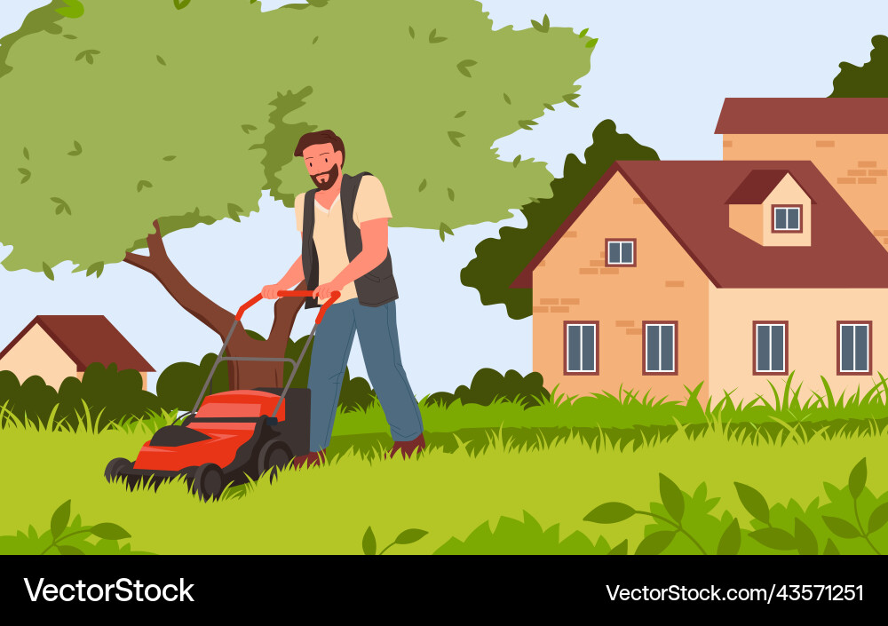 Man Mowing Lawn with Push Mower Vector Image