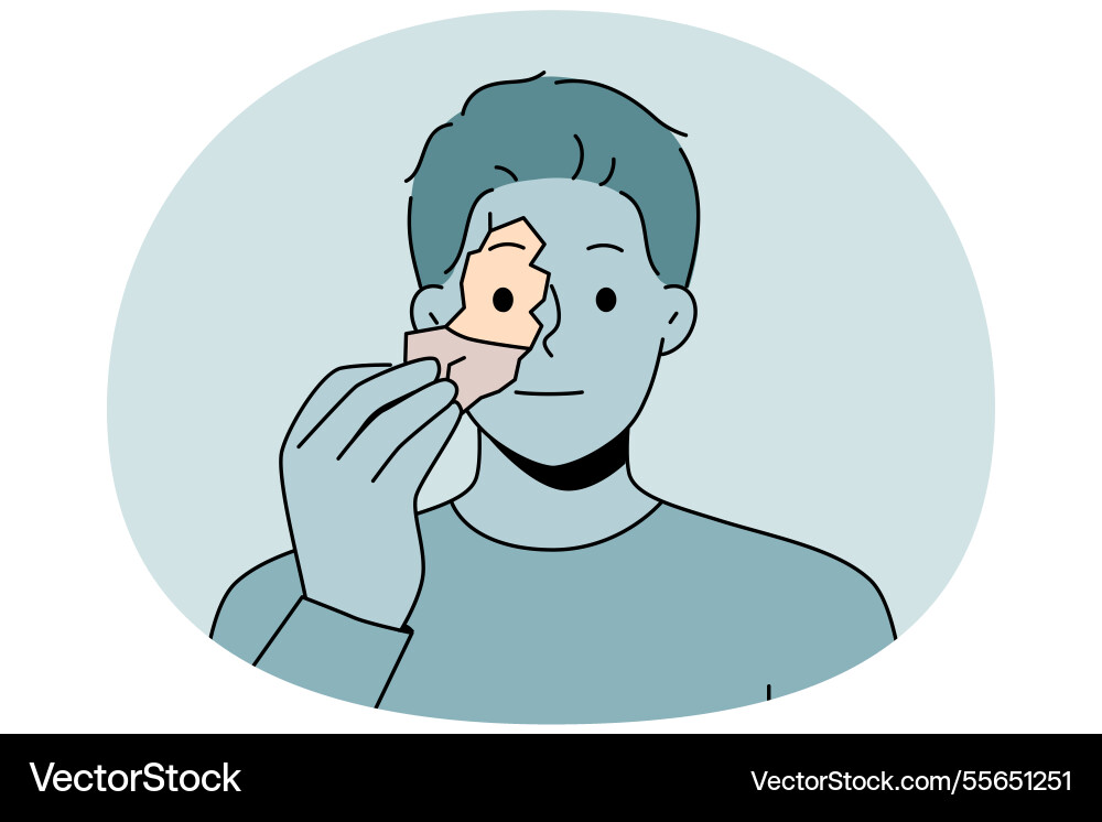 Man tears off fragment of own face to change shell Vector Image