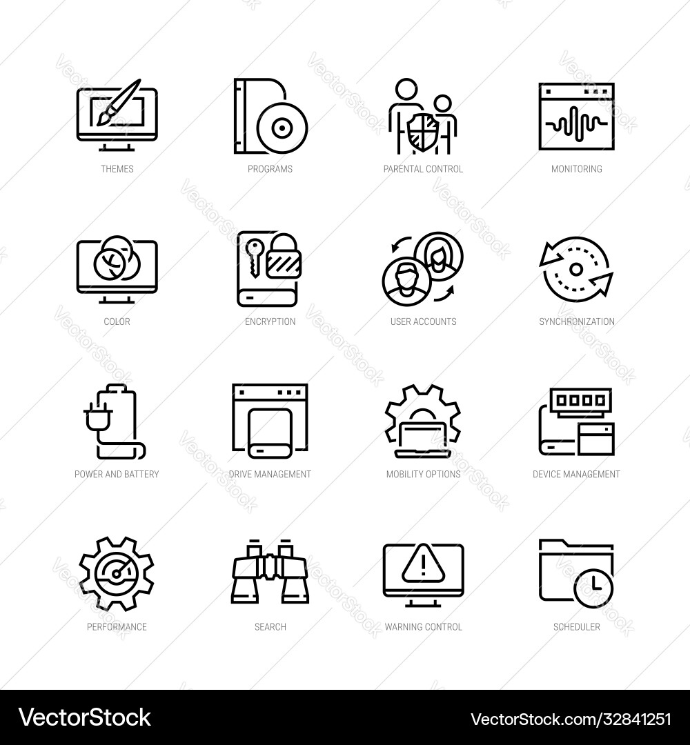 Operating system and its management icon set Operating system and its management icon set vector image