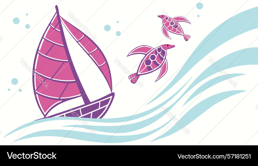 Sailboat with turtles on dynamic waves art design Vector Image