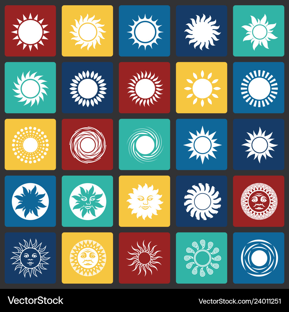 Sun icons set on color squares background Sun icons set on color squares background vector image