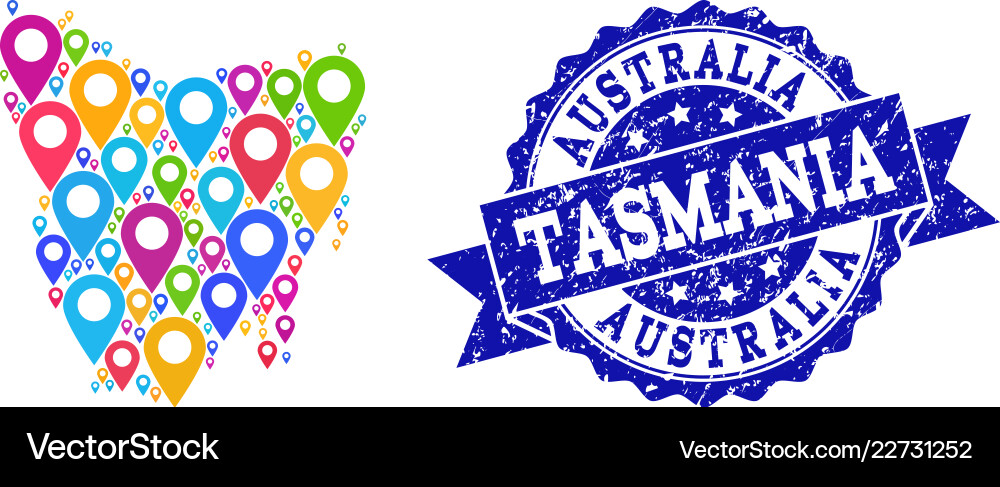 Mosaic map of tasmania island with pointers Mosaic map of tasmania island with pointers Vector Image