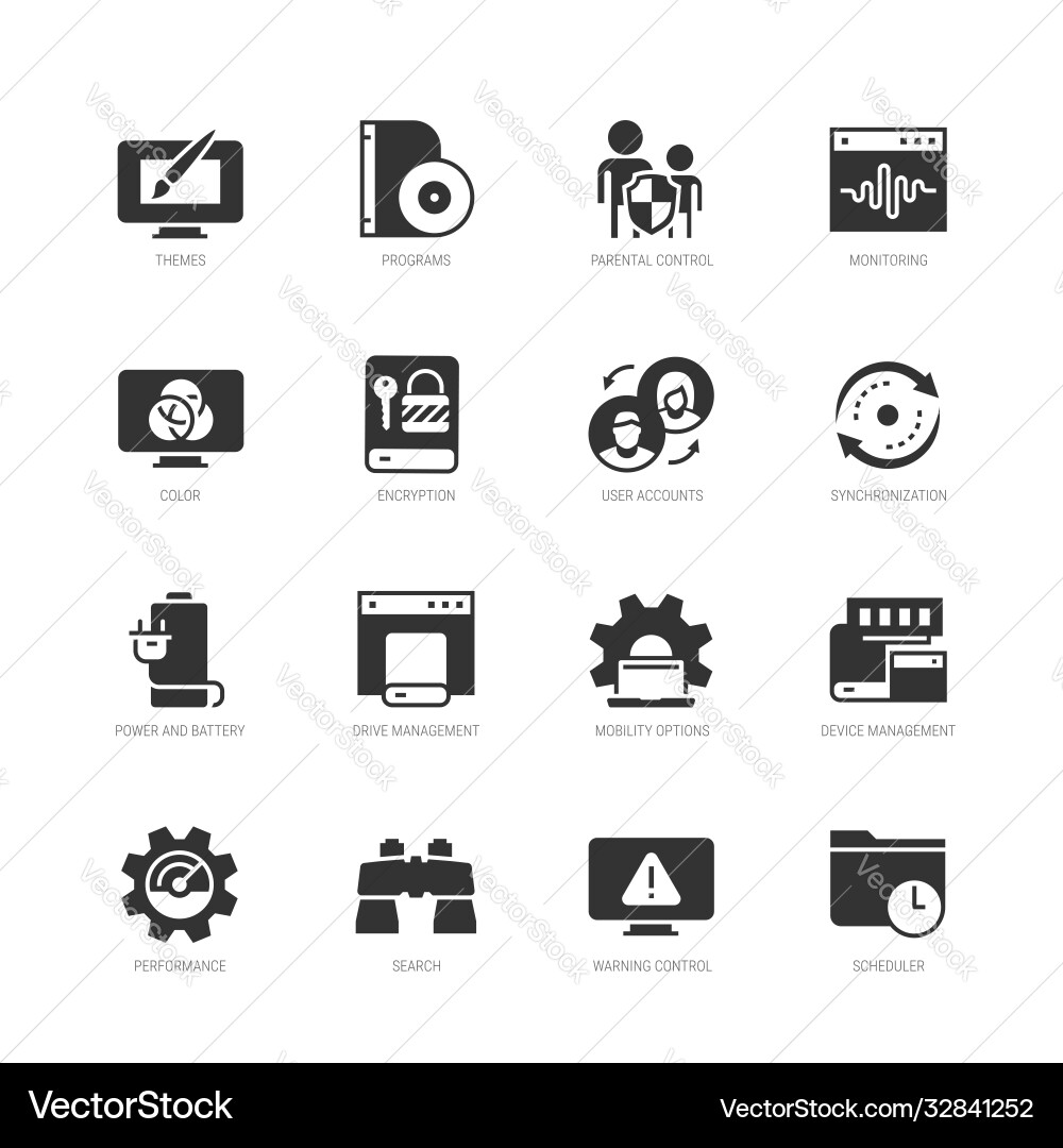 Operating system and its management icon set Operating system and its management icon set vector image