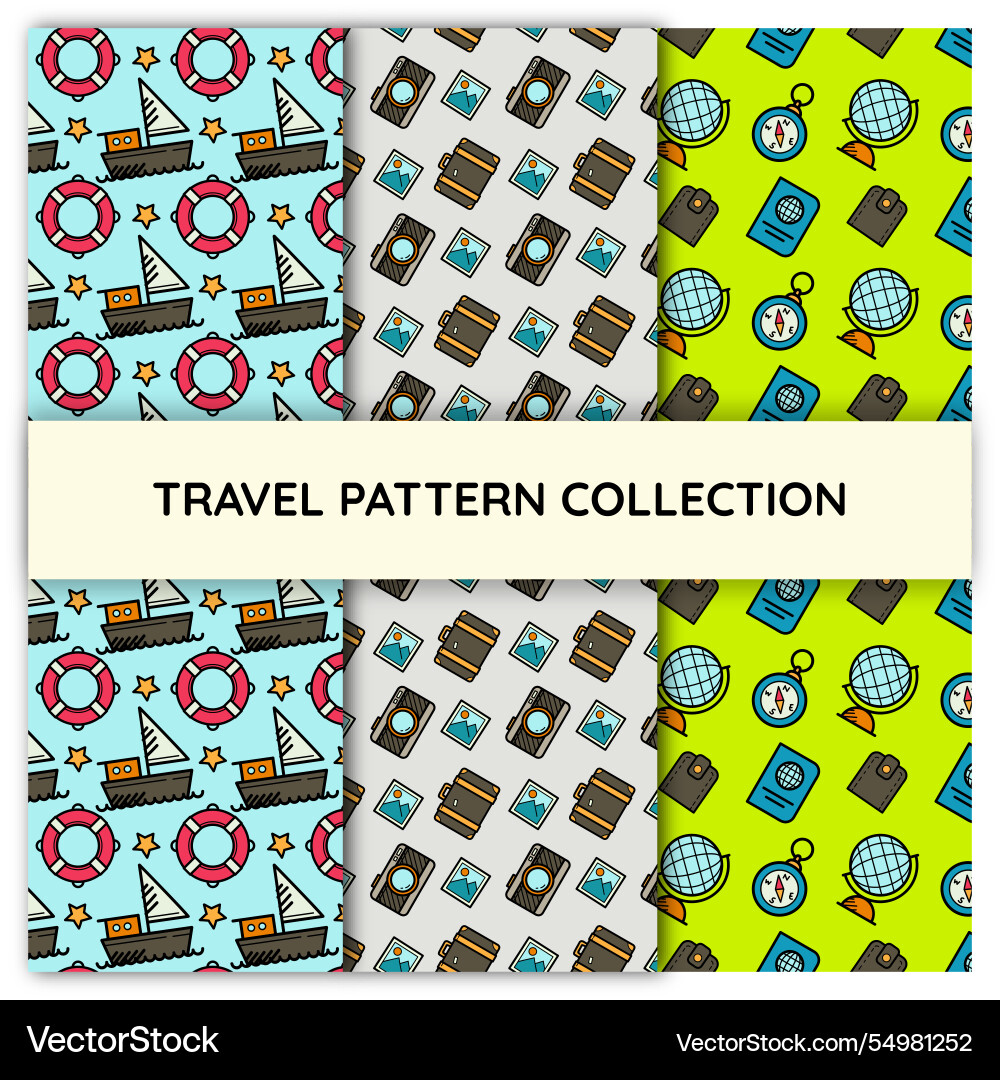 Travel patterns with elements in linear style Vector Image
