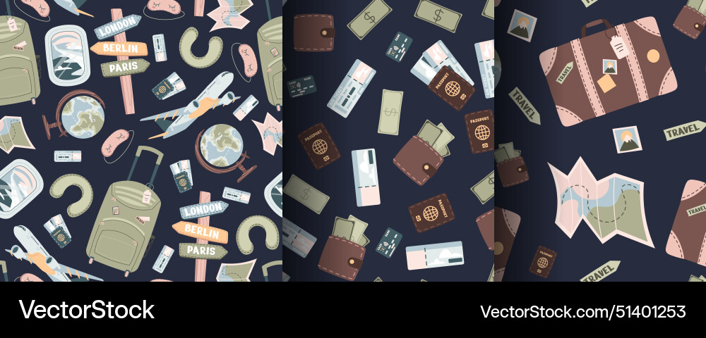 Set of seamless pattern with tourist items Set of seamless pattern with tourist items vector image