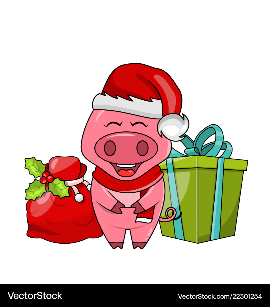 Christmas funny pig in santa s hat and scarf