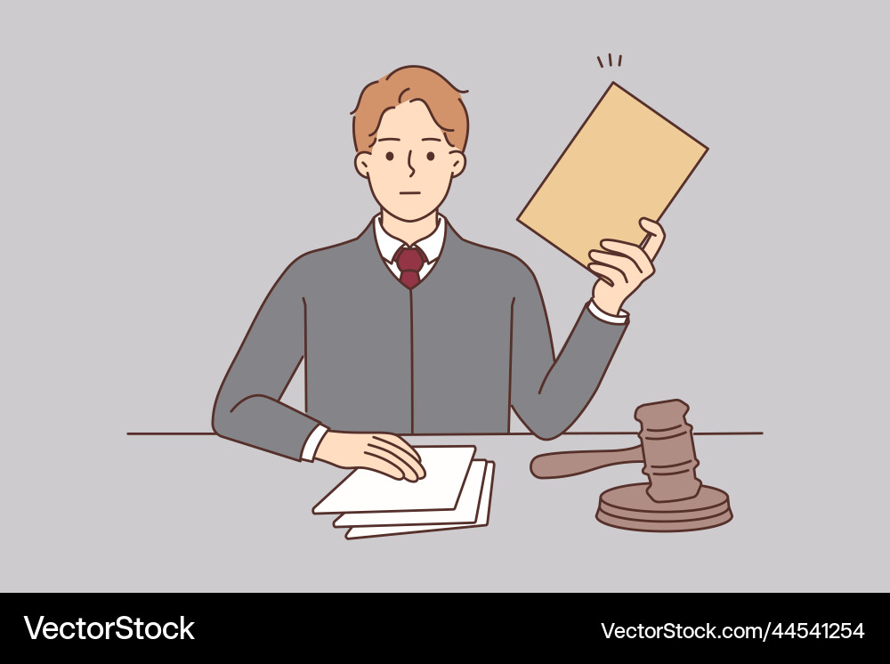 männlicher Anwalt mit Dokumenten sitzen am Schreibtisch Männlicher Anwalt mit Dokumenten sitzen am Schreibtisch vektorbild