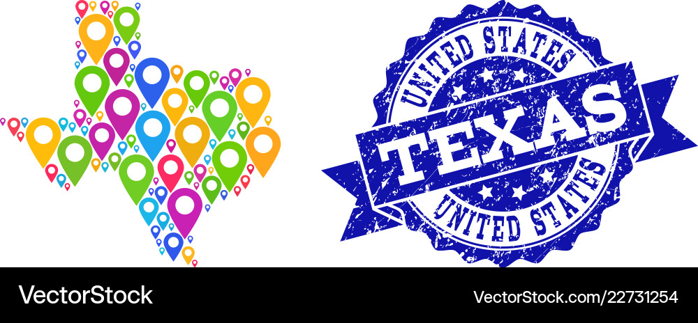 Mosaic map of texas state with pointers Mosaic map of texas state with pointers vector image