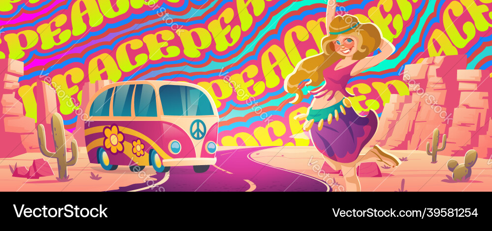 Peace love and music poster with hippie girl Peace love and music poster with hippie girl vector image