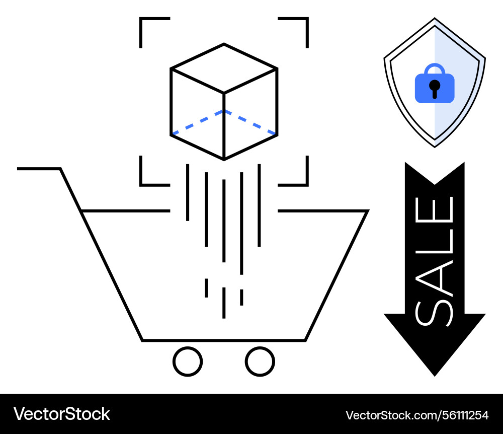 Shopping cart with floating cube shield vector image