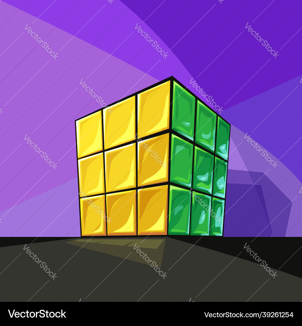 Solved rubiks cube cartoon style on violet vector image