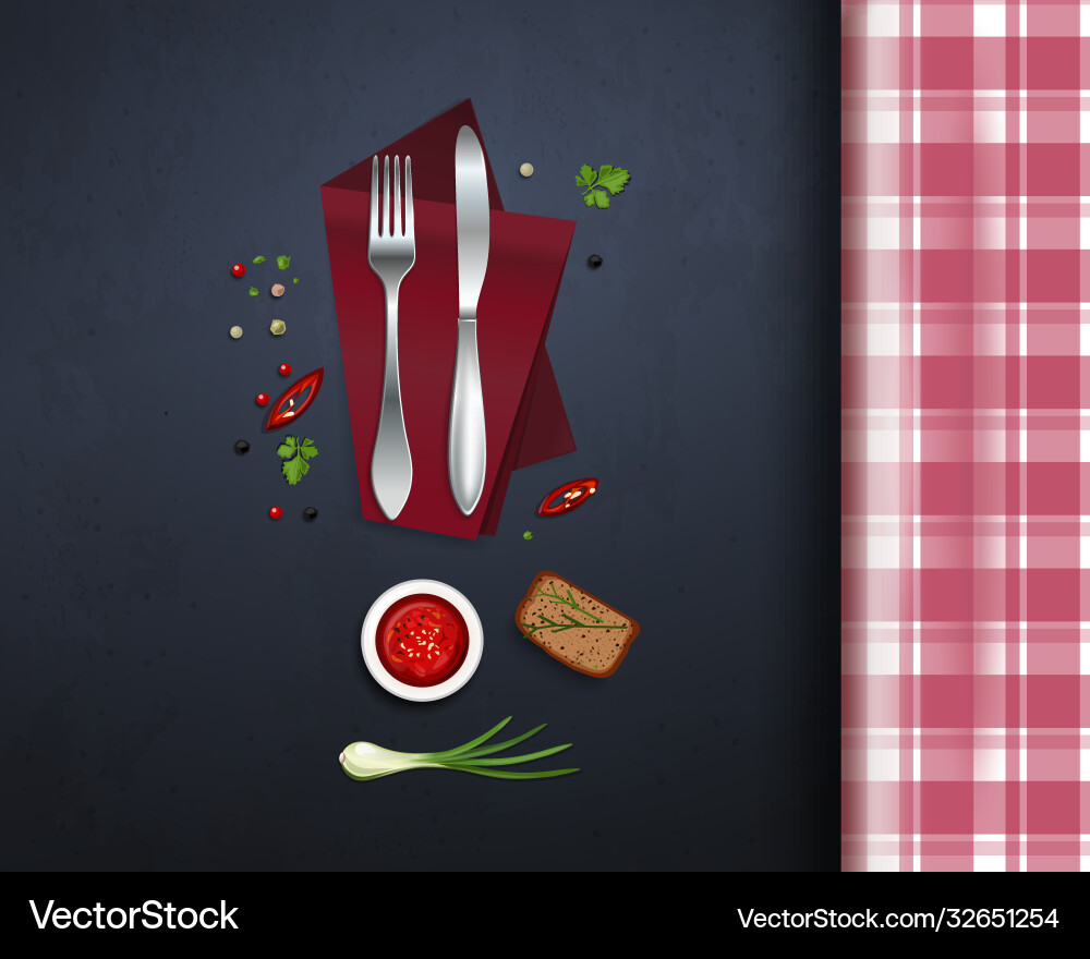 Table with a checkered tablecloth view from above Vector Image